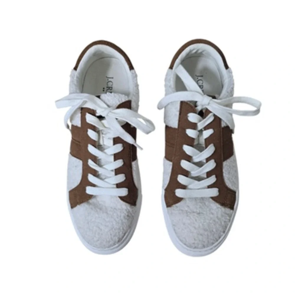 J.Crew Shoes Womens Size 7.5 White Brown Sherpa Faux Fur Low Top Lace‎ Up BJ272